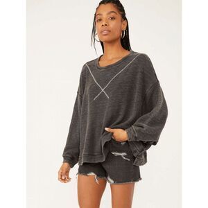 Free People Washed Charcoal Black Oversized Long-Sleeve Top